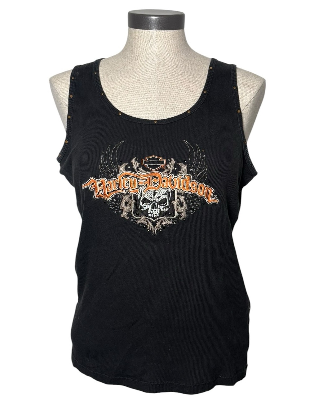 Harley Davidson Studded Skull Tank Top Y2K Biker Grunge Ribbed Medium